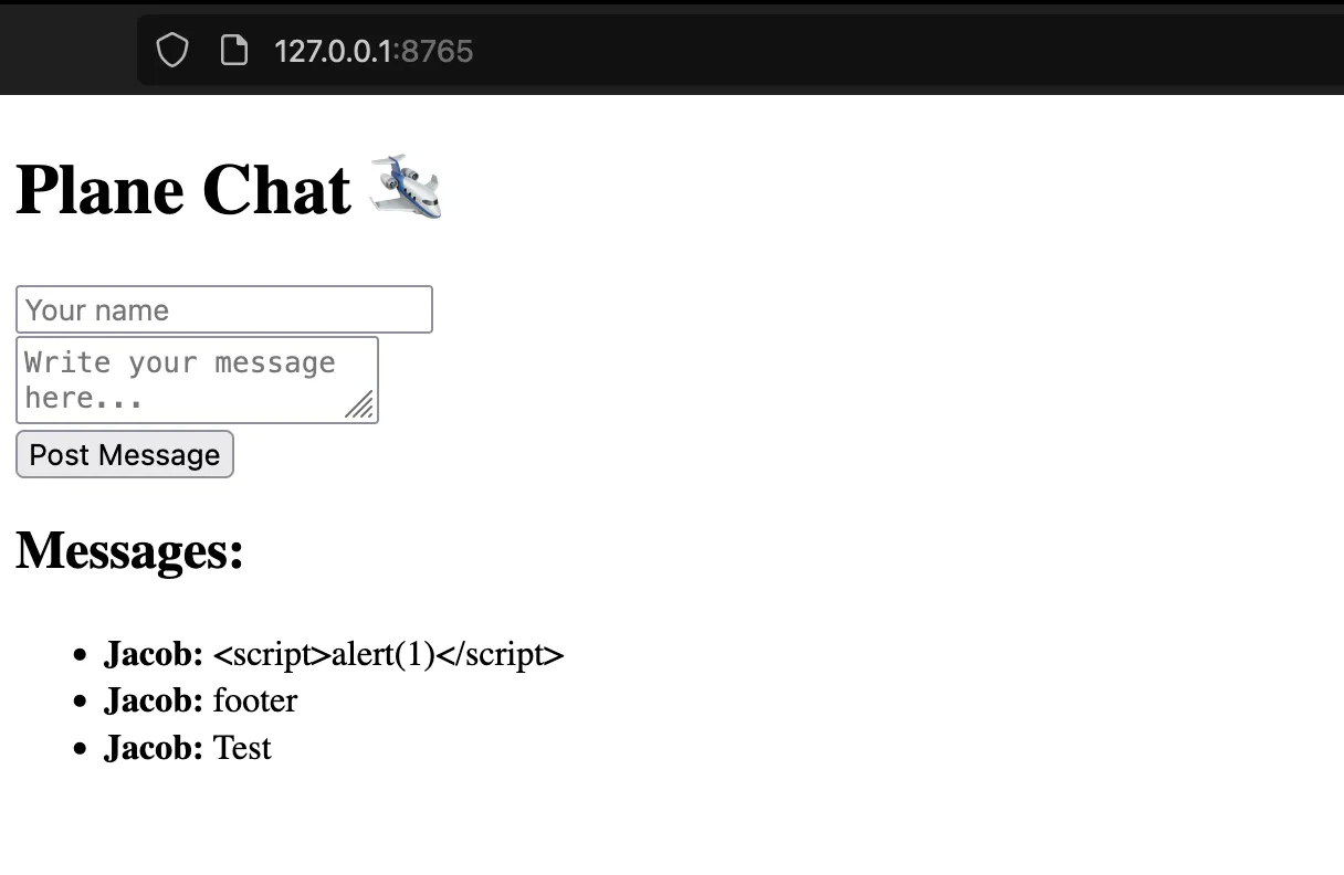 Image of plain webpage, with a text box for name, messages, post, and a list of messages